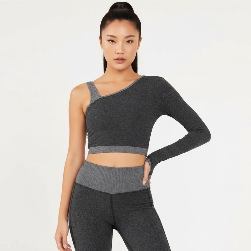 Kittenish One Shoulder Workout Crop Top Gray Clean Girl Athleisure Pilates Sz S